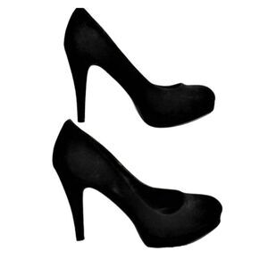Platform Heels Pumps Faux Suede Flocked Round Toe Black Size Women's 6